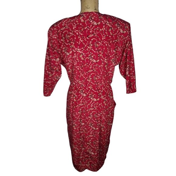 Vintage 80s Red Dainty Floral Cottagecore Deep V-Neck Midi Dress - Picture 3 of 16
